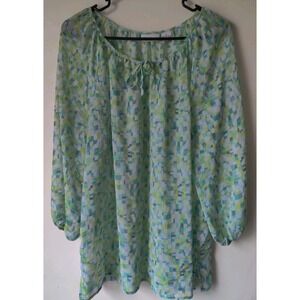 Liz Claiborne Sheer Long Sleeve Keyhole Tie Neck Blouse Green/Yellow/White Large